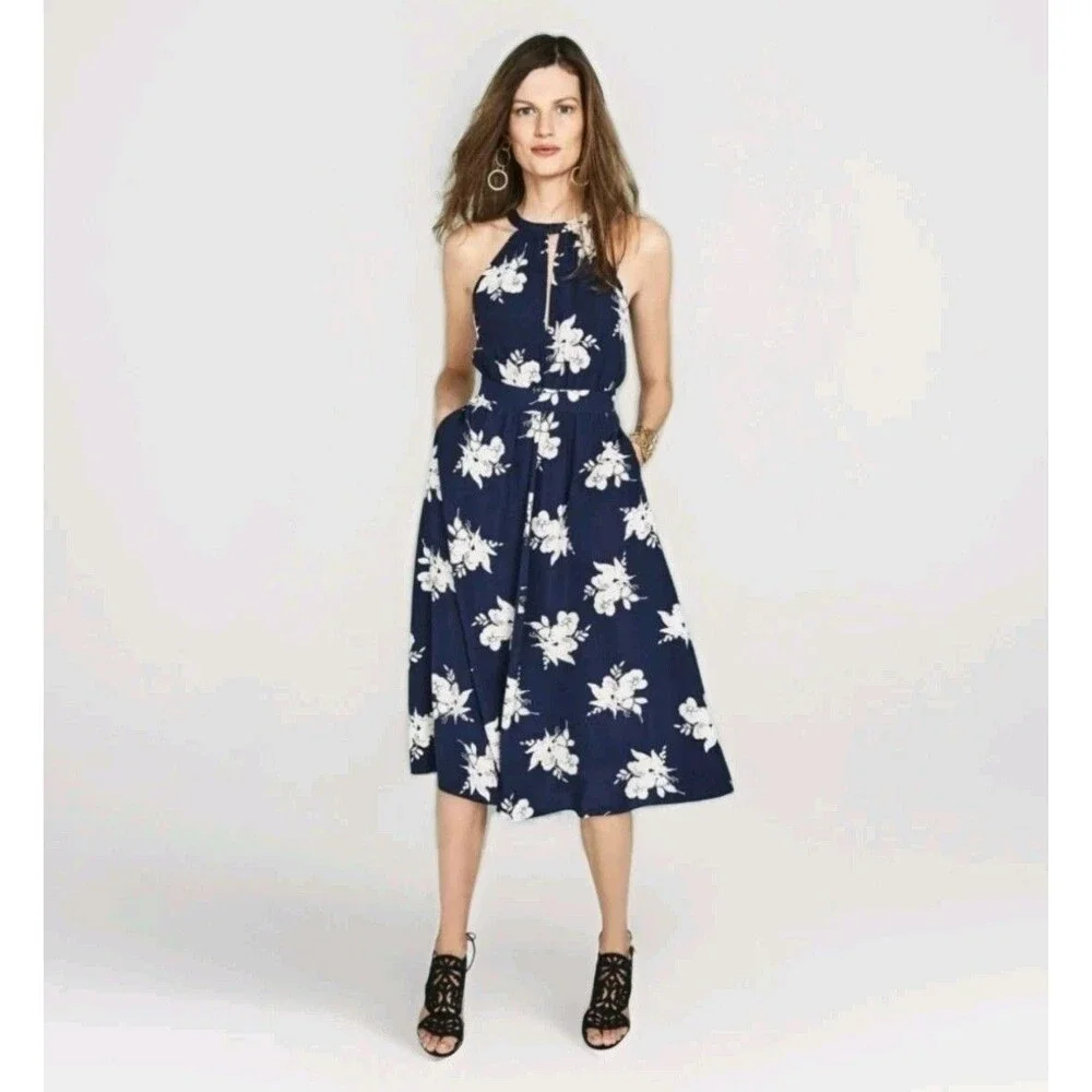 Boden Icons Agnes Dress Navy Floral Halter Midi Keyhole Size US 12 UK 16 Silk - Picture 3 of 13